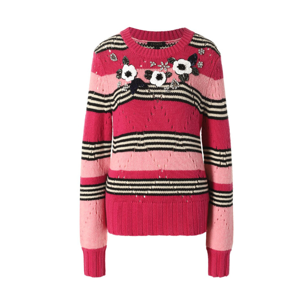 Escada Pink Striped Wool Cashmere Blend Floral Sequin Sweater New 2019 Resort